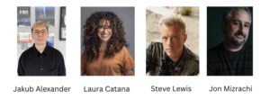 In a series of portraits, four individuals are featured with their names elegantly displayed beneath: Jakub Alexander, Laura Catana, Steve Lewis, and Jon Mizrachi. Their poised expressions subtly hint at the recent promotions achieved in their respective fields.